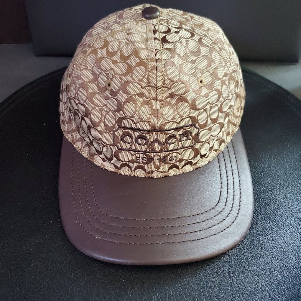 Coach Signature Monogram Baseball Cap Brown Tan Leather Brim Adjustable Hat